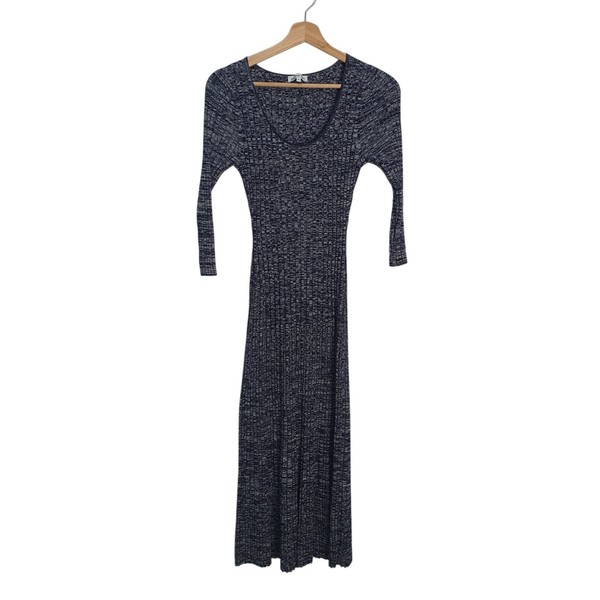 Veronika Maine Size S Navy Grey Ribbed Knit 3/4 Sleeve Fit Flare Midi Dress