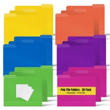 Heavyweight Poly File Folders 36 Pack with Adhesive Labels, Assorted Colors