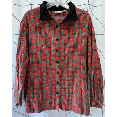 VTG Xmas Tree Plaid Metallic Detail Velvet Collar Button Up Shirt Womens XL 90s