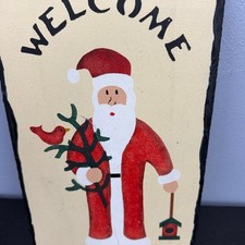 Welcome Christmas Slate Wall Hanging Santa Bird Motif 12โ Made In USA