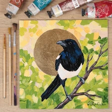 Magpie Oil Painting Original Bird Gold Sun Artwork 8x8 Small Handmade Art