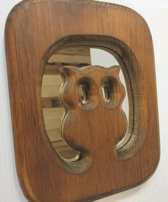 Vintage 1970's Carved Owl Mirror Wood Hanging  Brown    