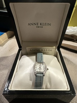 Brand New In Box Anne Klein Swiss Watch Diamond  Blue Croc Embossed Strap