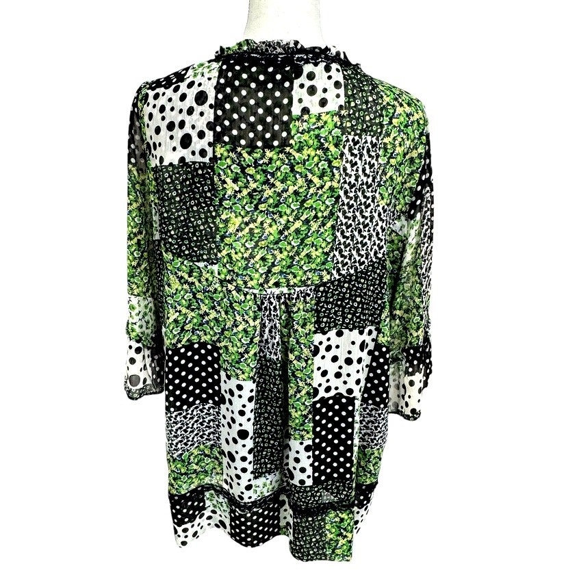 "Notations" Patchwork Sheer Blouse, TIe in Front,… - image 3