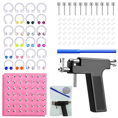 Pro Body Piercing Gun Tool Kit with 122Pcs Nose Navel Rings Lip Tragus Studs Set