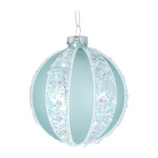 Gisela Graham Duck Egg Iridescent Glitter Ribbed Glass Christmas Tree Decoration