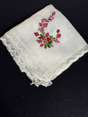 VTG DESCO handkerchief pink flowers green leaves embroidered square 10.5 in