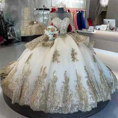 Gold Appliques Quinceanera Dresses Ball Gown Birthday Party Prom Gown Sweet  16 | eBay