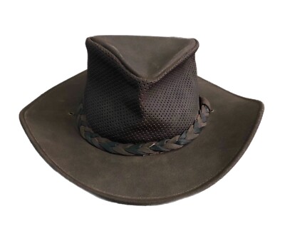 MINNETONKA Unisex Fedora Hat Dark Brown Leather Fold-Up Packable Size  Medium