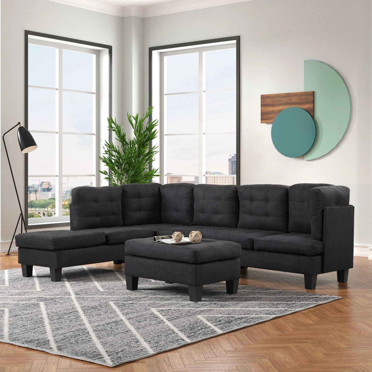 3 Piece Modern Soft Reversible Microfiber Sectional Sofa with