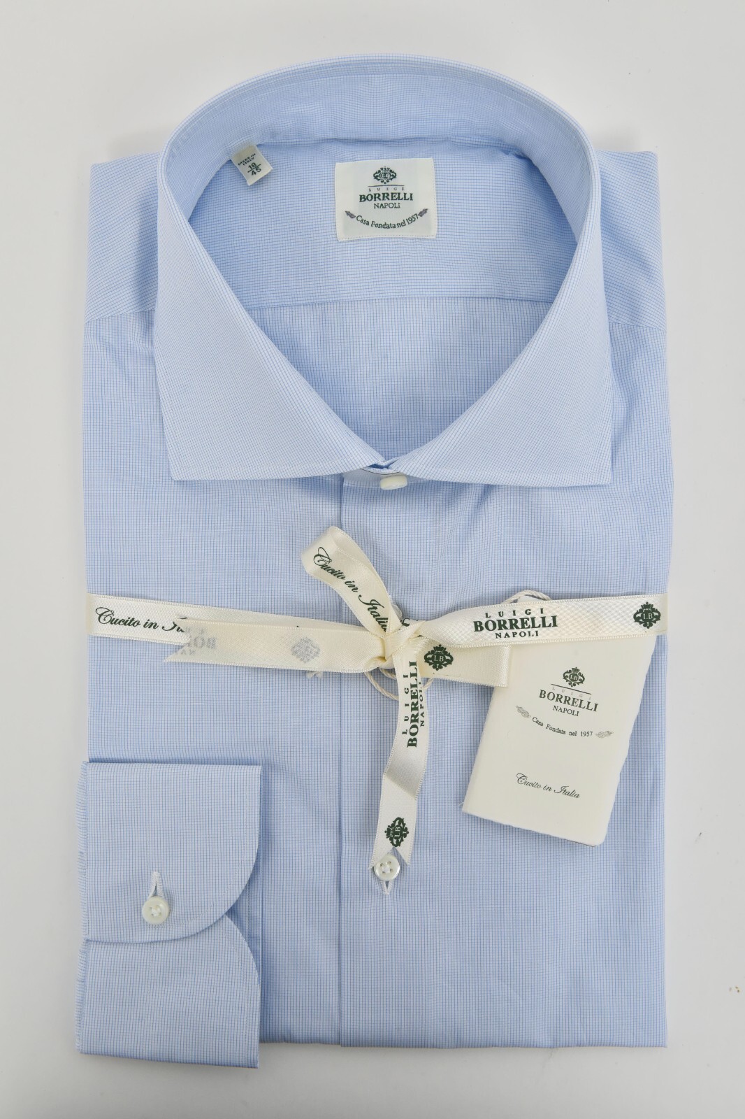 NWT LUIGI BORRELLI Lt Голубая хлопковая рубашка классического кроя в мелкую клетку 18 45 31690₽