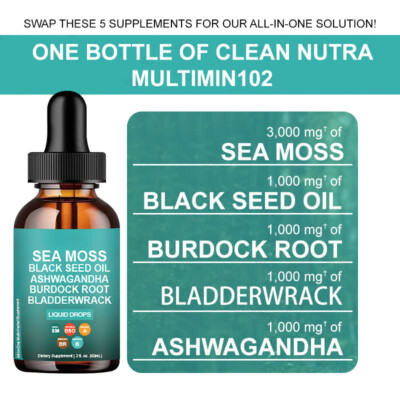 Supplement with liquid drops of seaweed, black seed oil, shamannia burdock root