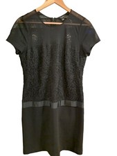 Ann Taylor Black Mesh Lace Pencil Dress Size 10 Short Sleeve Knee Length LBD