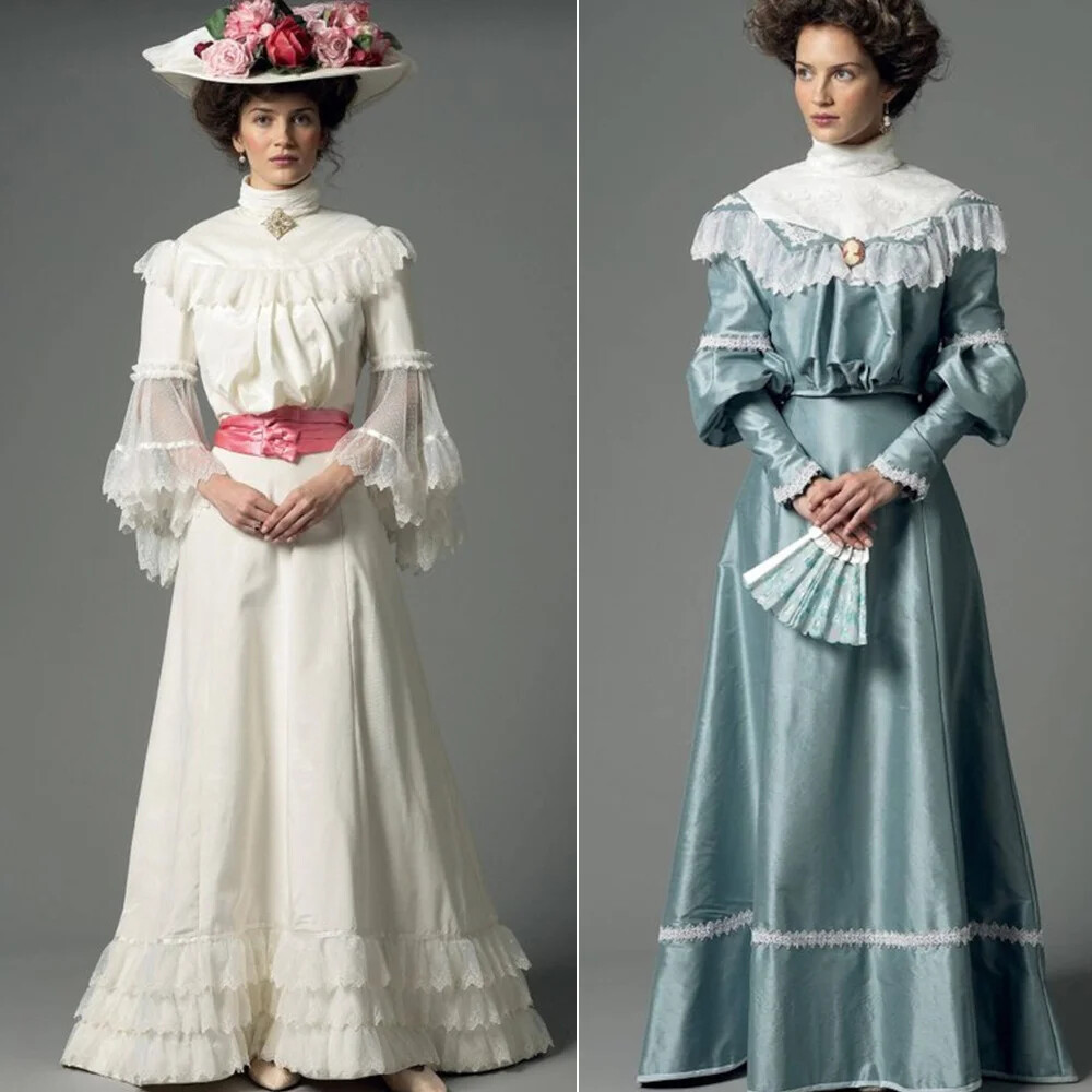 Vintage Victorian Lace Belle Epoque Wedding Dress Zipper Back Party Dress