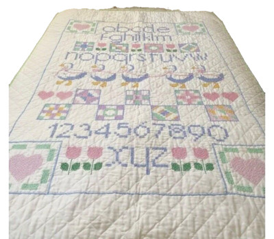 VTG Stamped Cross Stitch Embroidered Child`s Quilt ABC 123 Alphabet Pastels