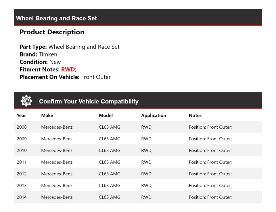 For 2008-14 Mercedes-Benz CL63 AMG Wheel Bearing and Race Set Front Outer Timken - Image 2 of 4