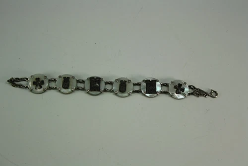 Antique Asian MOP Mother of Pearl Silver Panel Link Bracelet 7 1/4”
