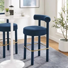 Modway Toulouse Performance Velvet Bar Stool in Midnight Blue Gold