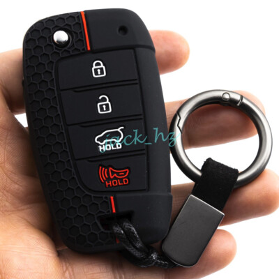 Silicone 4 Button Flip Key Case Fob Chain Cover For Accent Santa Fe Cruz Kona SE
