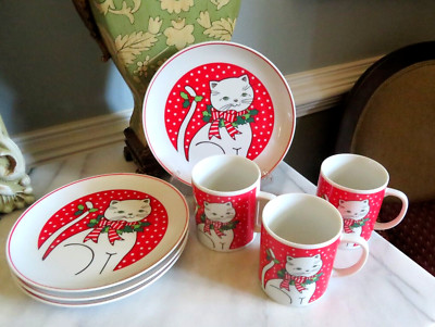 4 Vintage Cooks Bazaar Christmas Kitty Cat 8  Dessert China Plates/3 Cups ~Japan