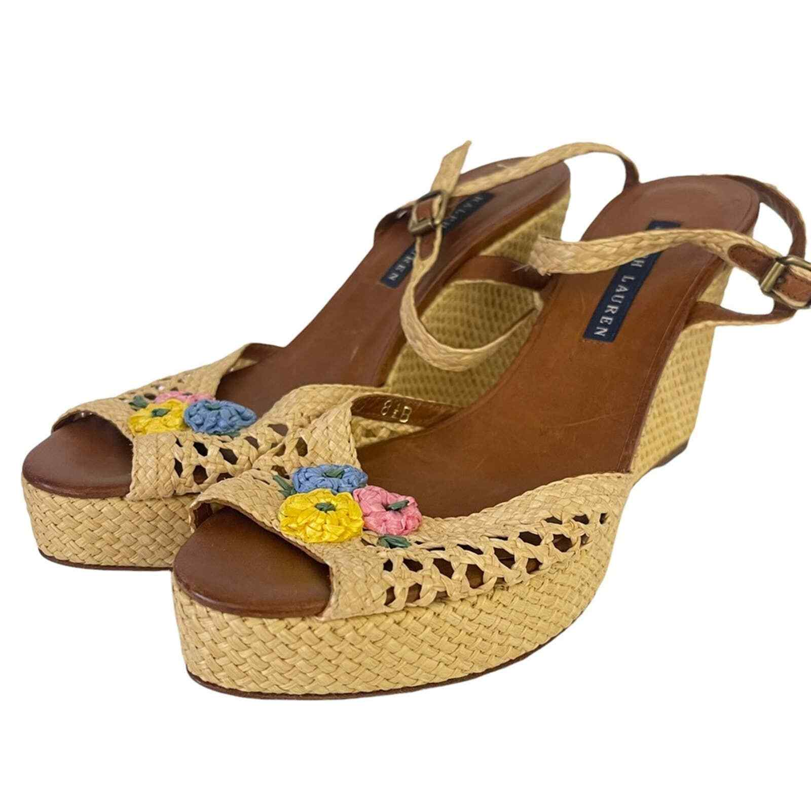 Ralph Lauren Raffia Woven Platform Wedge Heel Floral Peep Toe Sandals Size  8.5 | eBay