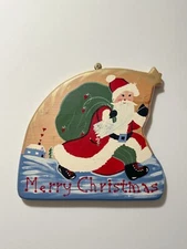 Vtg Wooden Santa Sign Christmas Handmade Hand Painted Kitsch Kitschy Wood Signed