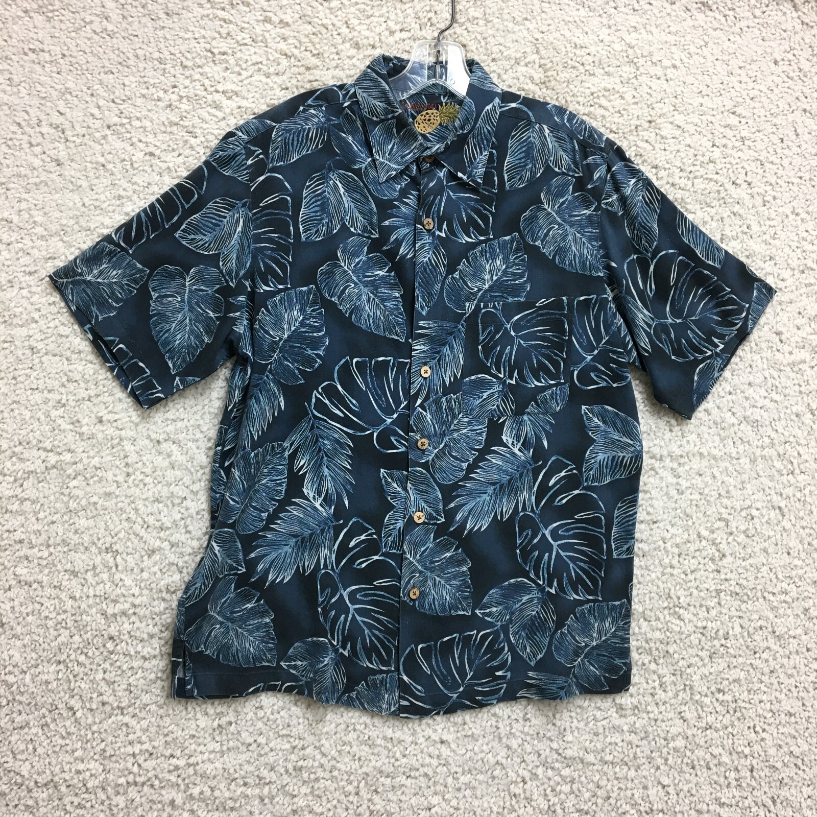 Caribbean Button Up Shirt Medium Adult Blue Floral Silk Short Sleeve Camp Mens