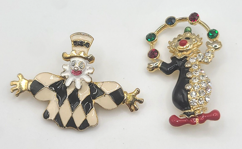 Vintage Clown Brooch Lot Enamel Painted Circus Theme Set of 2