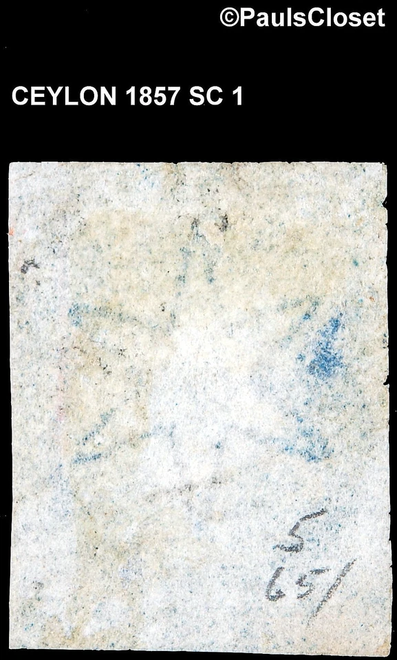 CEYLON 1857 SC 1 QUEEN VICTORIA 1p BLUE ON BLUED PAPR IMPERFORATE USED WM6 FINE - Image 2 of 2
