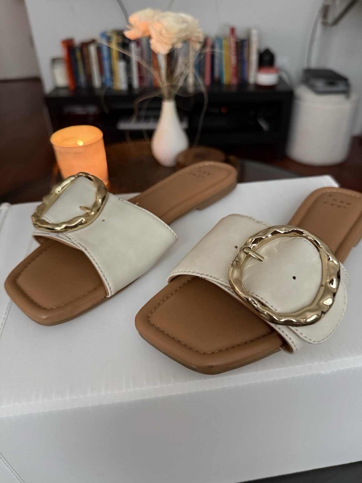 A New Day White Faux Leather Slide Sandals Gold Buckle Women's Size 6