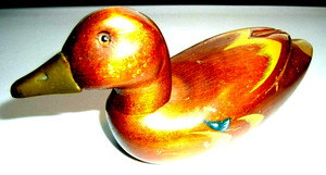 Wood Duck w/Brass Bill-7"-Hand Painted & Carved-Decorative Duck Figurine