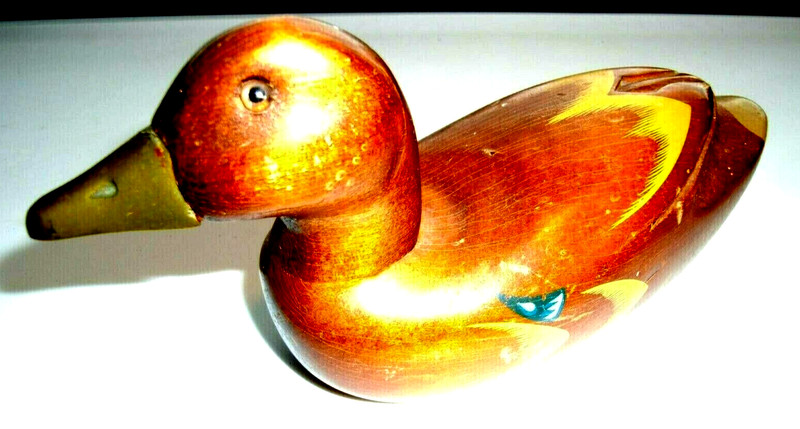 Wood Duck w/Brass Bill-7"-Hand Painted & Carved-Decorative Duck Figurine