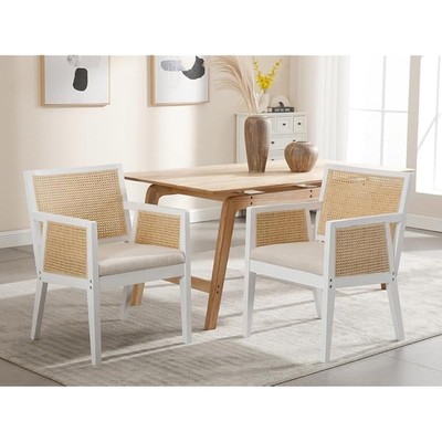 Farmhouse Rattan Dining Chairs Set of 2 with Arm, Mid Century Modern U
