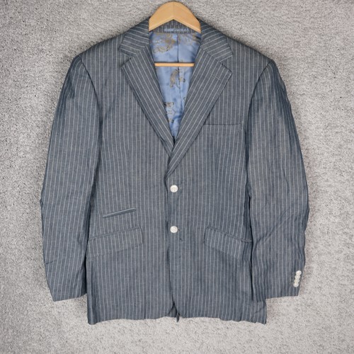 WILLIAM HUNT 100% LEINEN HERREN BLAZER Gr. 50 / LARGE L BLAU GESTREIFT SOMMER FREIZEIT