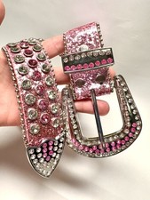 Y2K Western Pink Rhinestone Studded Belt Bling Cowgirl Biker Festival 24 -34
