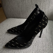 DKNY Black Patent Leather Logo Pointed Toe Stiletto Pumps for Women