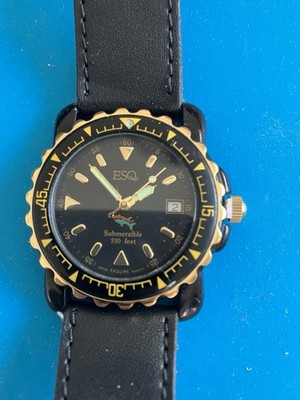 ESQ by MOVADO UNISEX BLK/GLD SUBMERSIBLE DATE RARE UNIQUE DIVER LTH STRAP WATCH