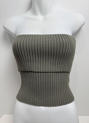 Zara Olive Green Ribbed Knit Foldover Tube Top, Size Medium