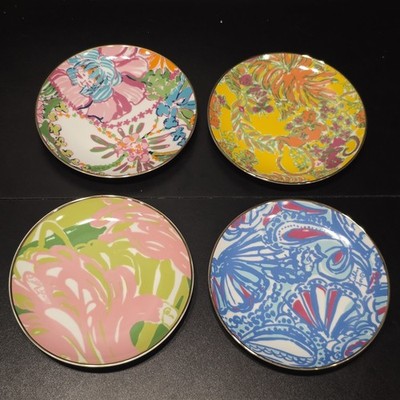 Lilly Pulitzer For Target 7'' Porcelain Appetizer Plates Set Of 4 Gold Rim