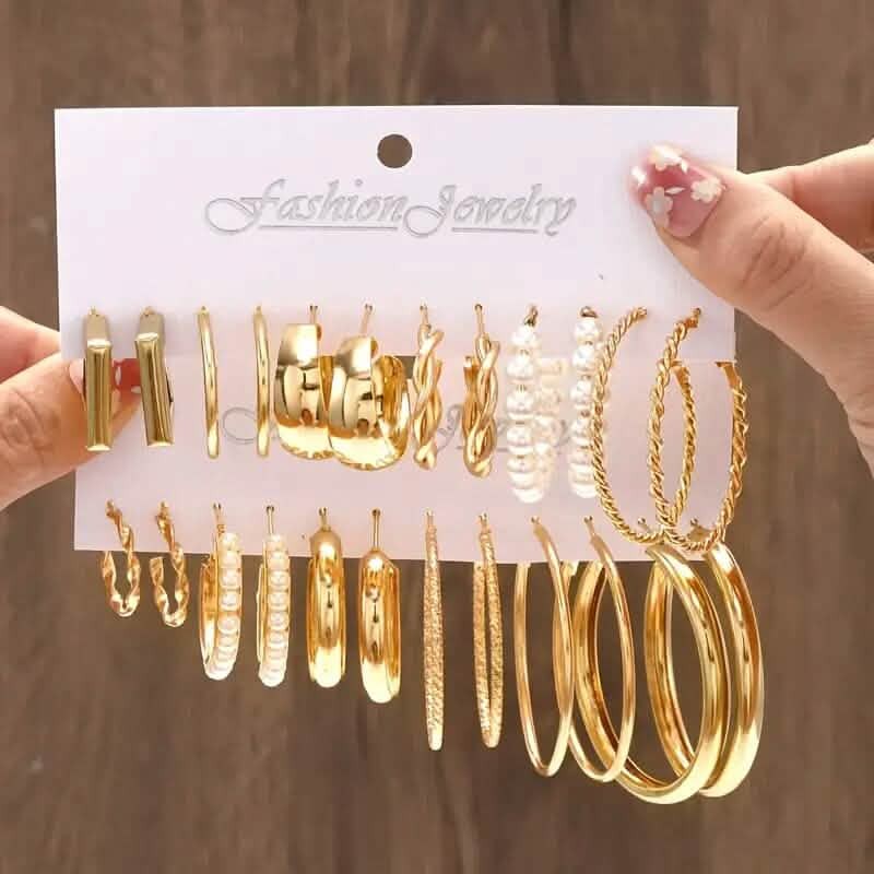 12-Pairs: Gold Hoop Earrings with Faux Pearl Decor Set