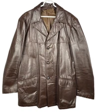 Vintage 70s Brown Leather Jacket Coat Button EXCELLENT Condition Mafia - Mobster