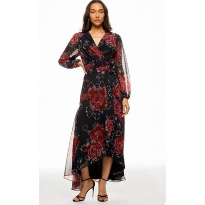 hutch bridge long sleeve wrap maxi dress Hutch Bridge Dress Maxi Wrap High-Low Long-Sleeve Red Black Floral XL  *READ*