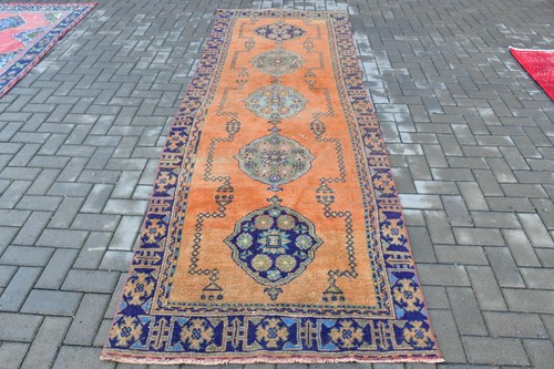 Turkish Rug, 3,6x10,8 ft Runner Rug, Orange Patchwork Wool Vintage Rug