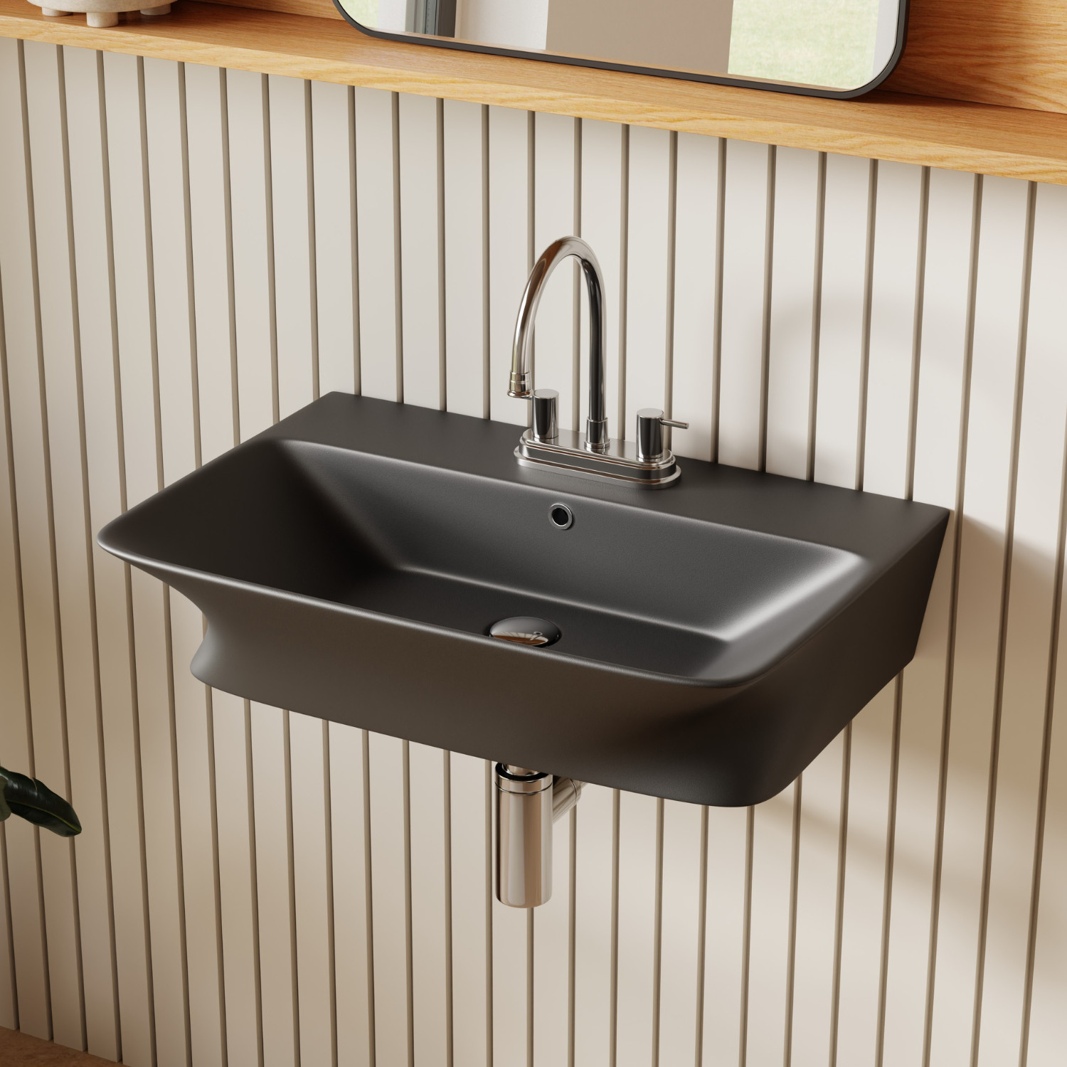 24" Matte Black Wall Mount Bathroom Sink 4" Centerset with Overflow & 3 Holes