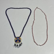 Vintage Native American Seed Bead Necklaces Set Of 2 One With Leather Backing