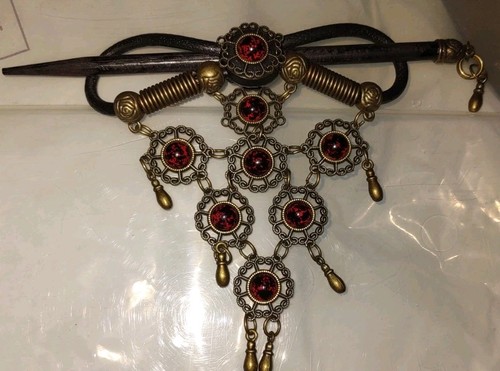 Stunning Vintage Leather & Brass Boho Hair Barrette With Stick