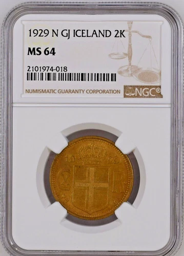 1929 N GJ Iceland 2 Kronur NGC MS64 2 Krónur KM# 4.1 Christian X Keydate Graded
