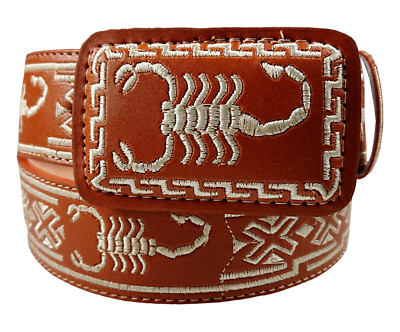 Men's Belt Leather Embroidered Scorpion Design