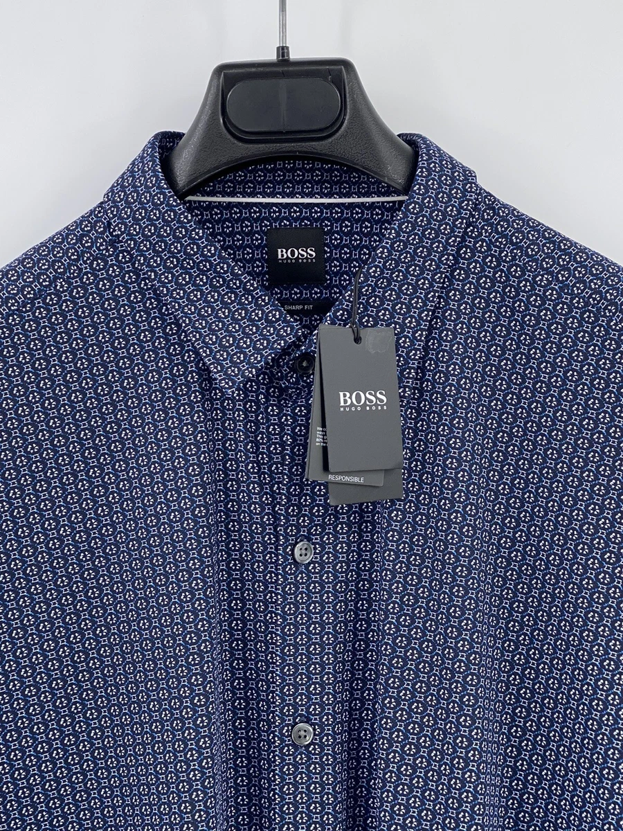Boss By Hugo Boss Sharp Fit Blue Button Down Shirt Elastine Blend NWT 158 F4