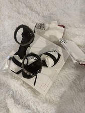 Black Satin Crystal Embelished Alexander McQueen Strapy Heel Sandals EUR 38/7.5